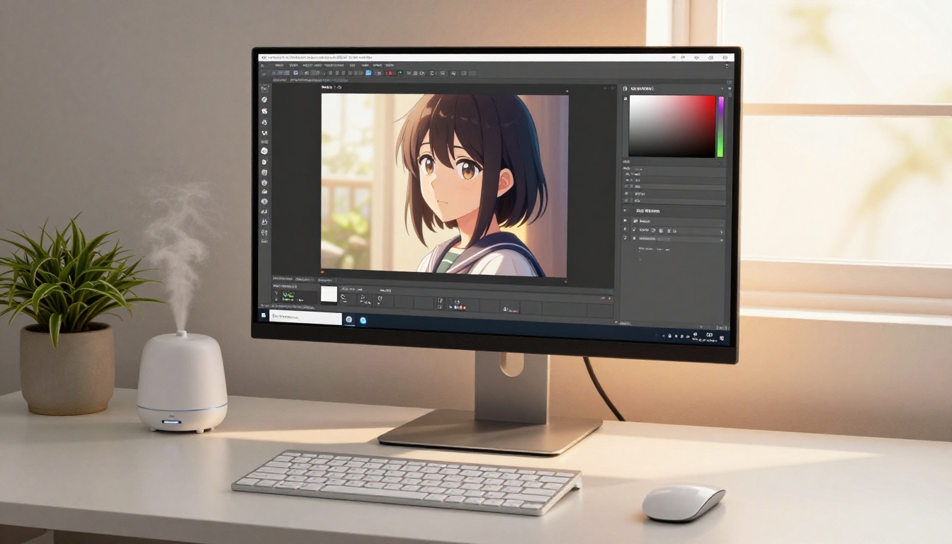 Minimal home office desk with a 27-inch monitor displaying an AI upscaling interface improving anime character edge sharpness