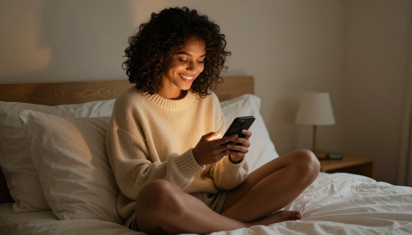 Woman with dark curly hair sitting cross-legged on white bed with smartphone, warm lamp light