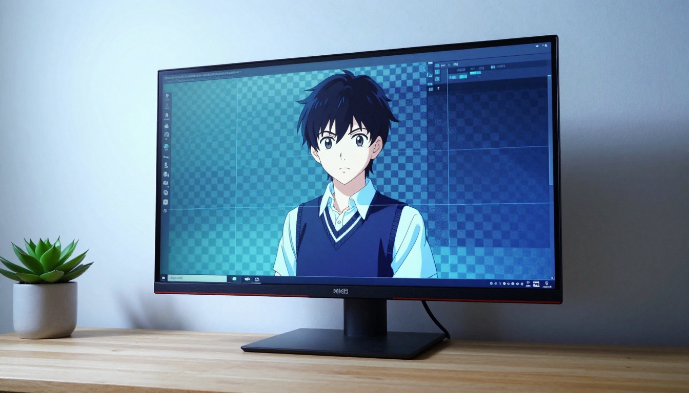 Low-angle shot of a monitor displaying a completed anime character with a perfectly clean transparent background
