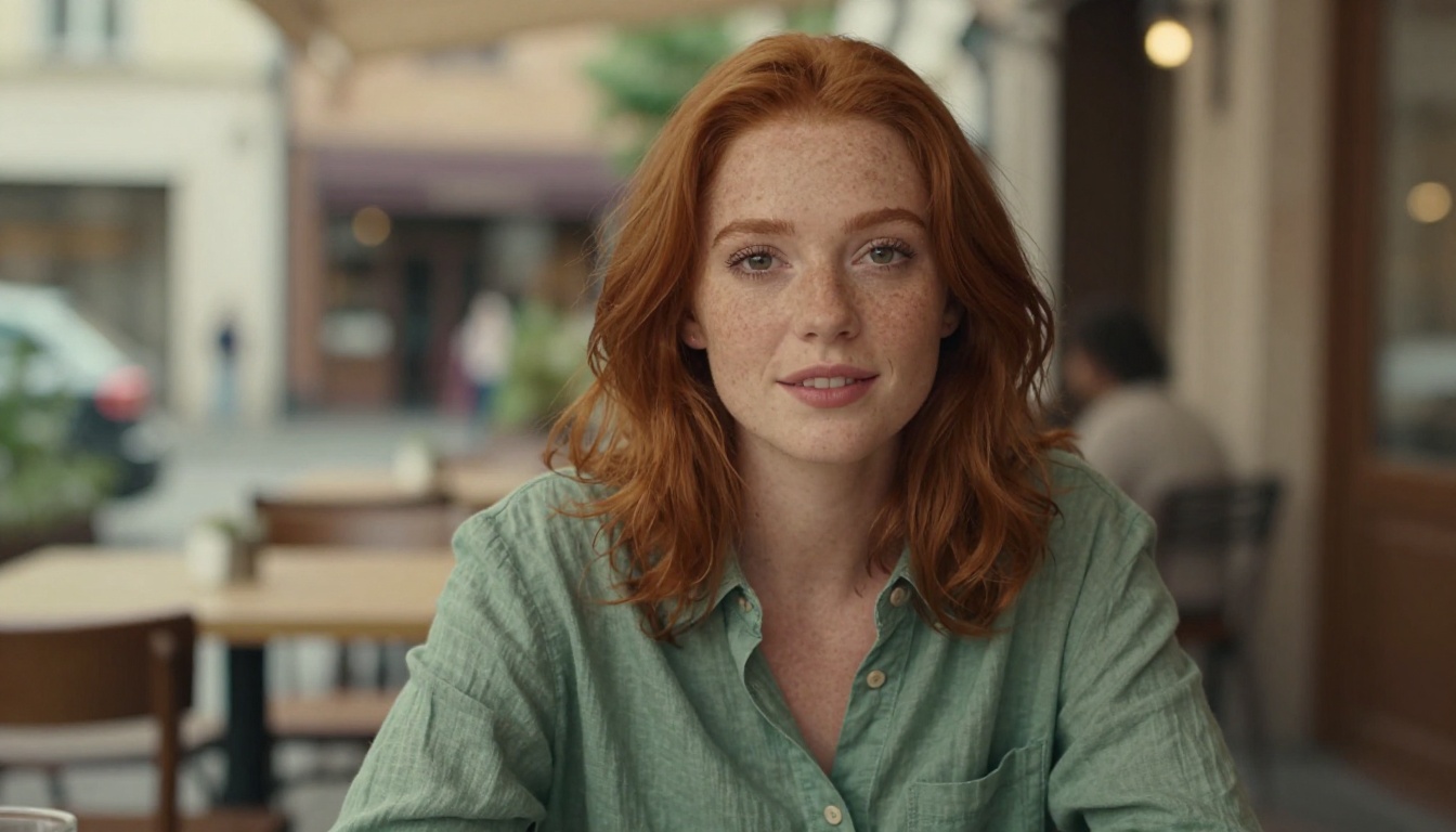 Woman with red hair smiling at outdoor cafe table, morning light from right