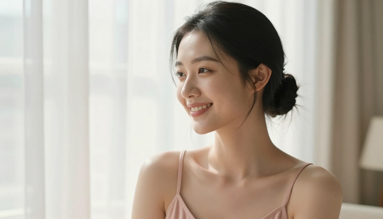 Close-up portrait of Asian woman with glossy black hair near window, soft afternoon light
