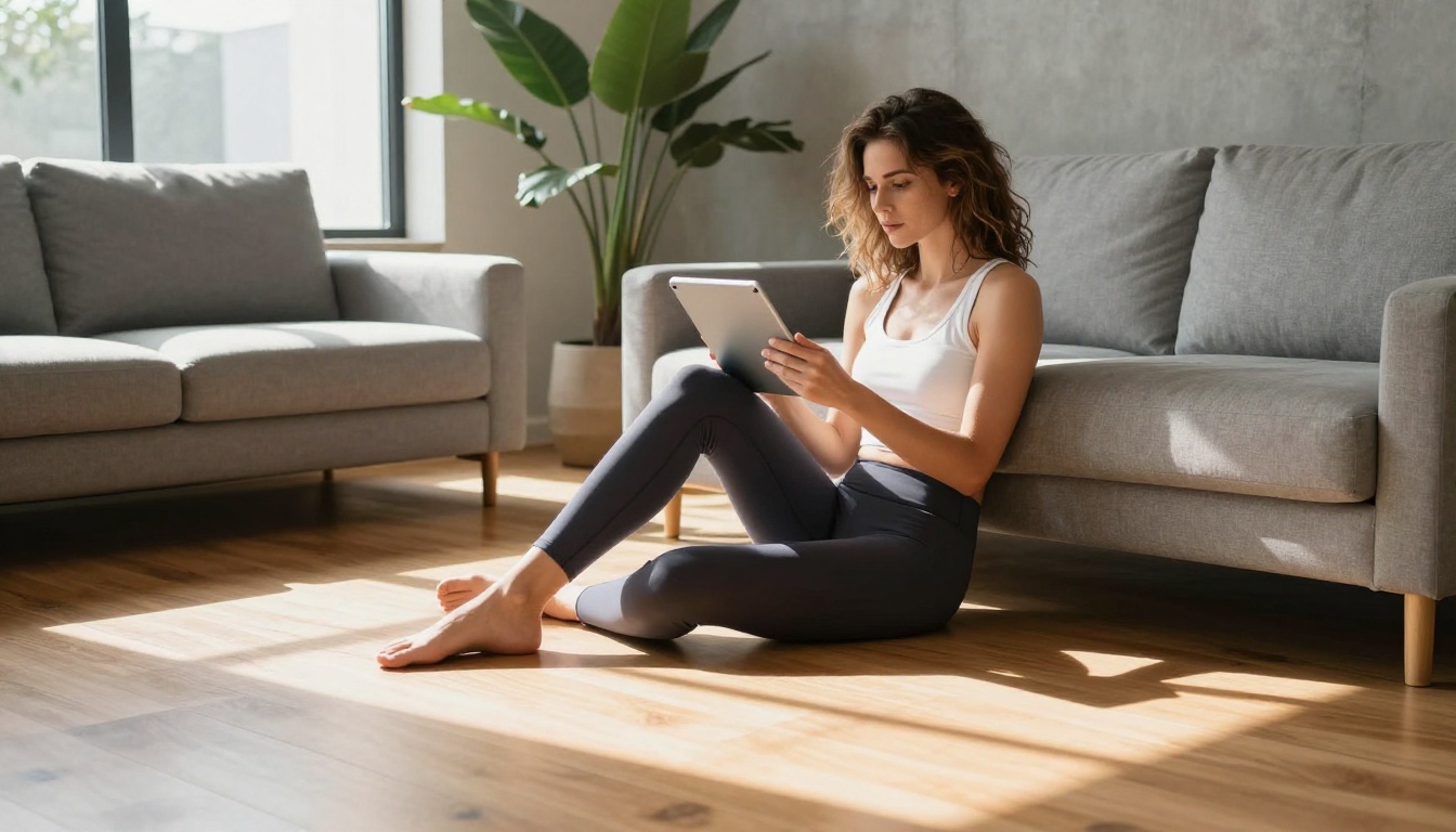 Woman with caramel-highlighted hair sitting on floor reading tablet in modern minimalist living room
