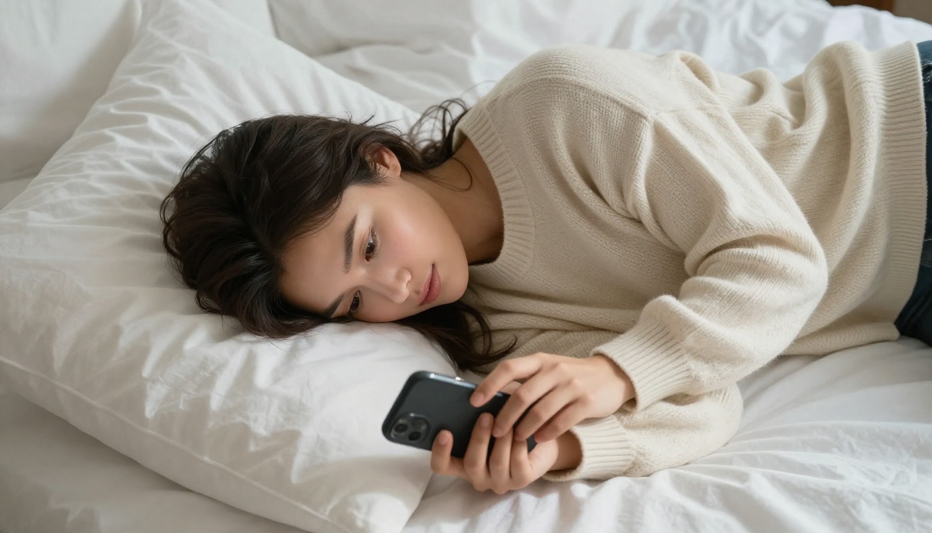 Woman lying on bed looking at phone with a soft, curious expression