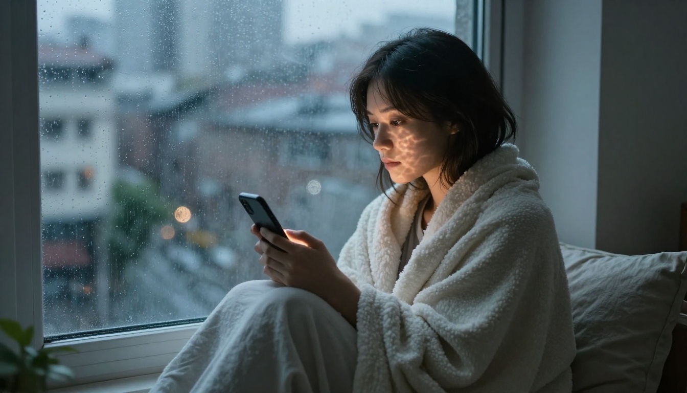 Woman gazing out window with phone in a contemplative mood