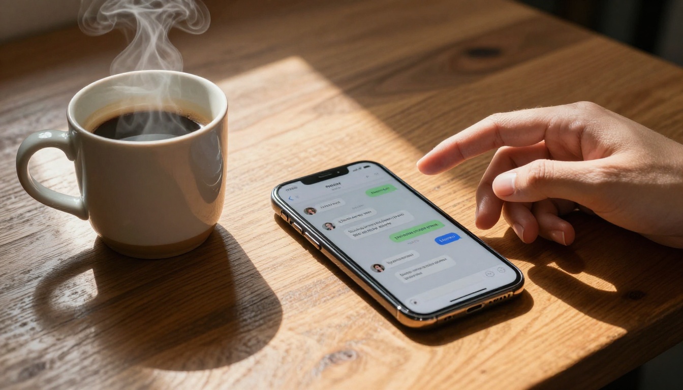 AI chat conversation interface on a phone screen in a cafe