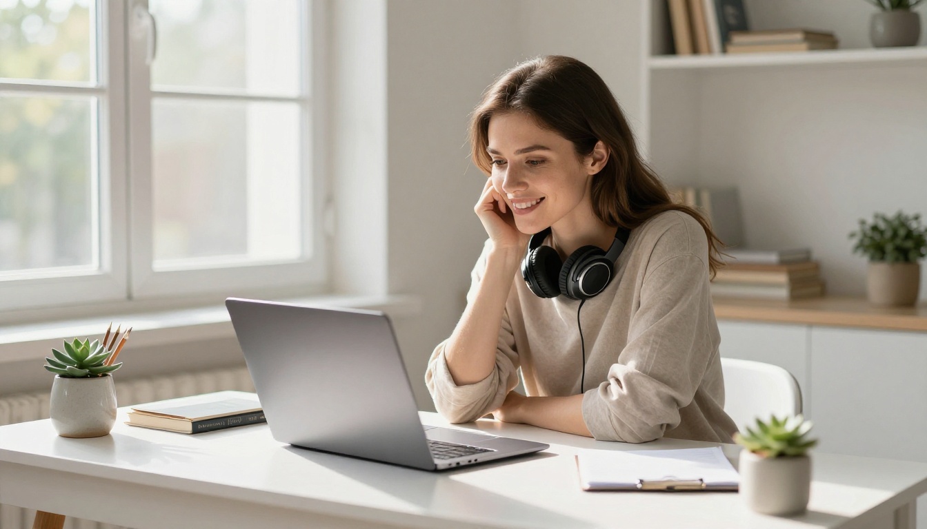 Woman at home desk with headphones, smiling at screen with engaged expression