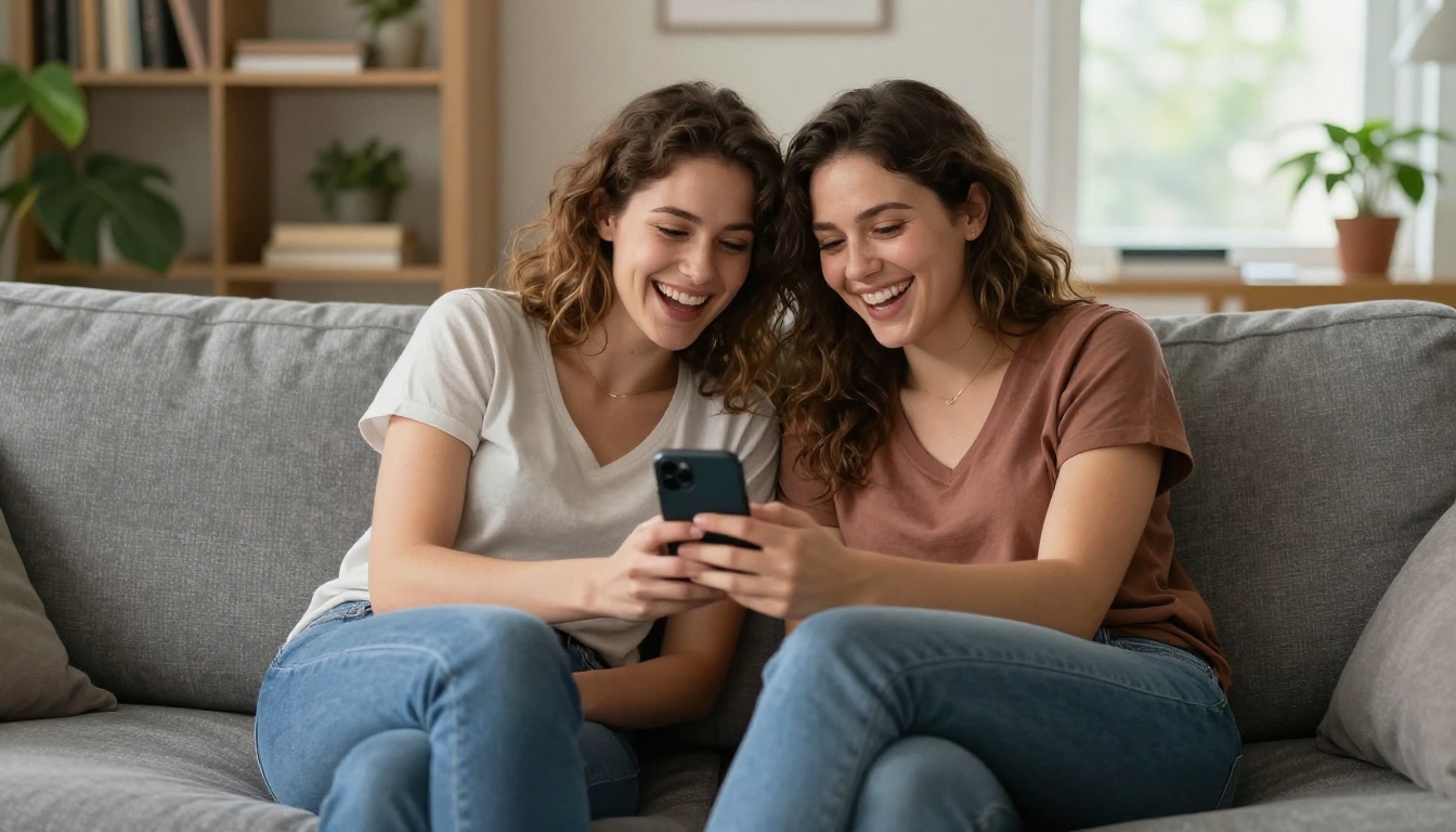 Two women sharing a phone on a grey sofa, both laughing