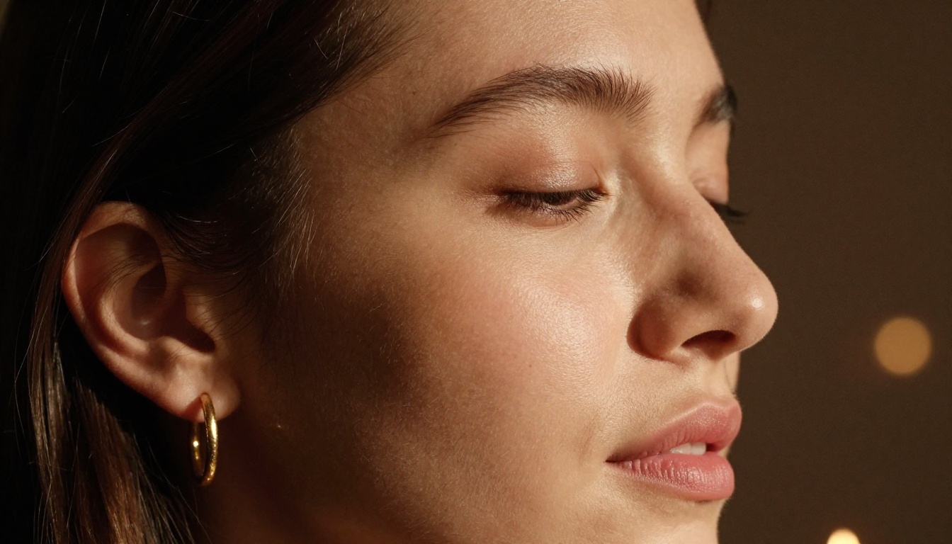 Close-up portrait of a woman's face in warm candlelight, peaceful expression