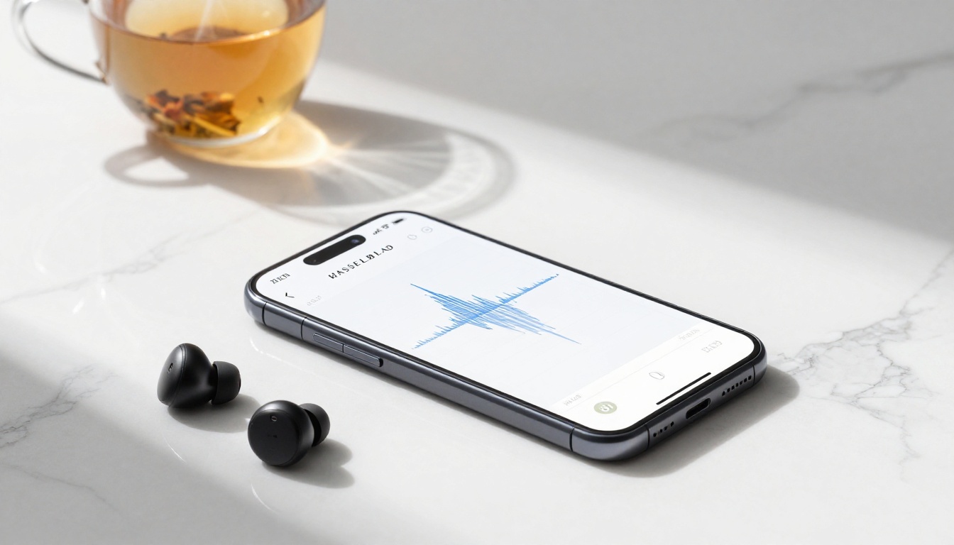 Smartphone on marble surface with voice waveform display and wireless earbuds