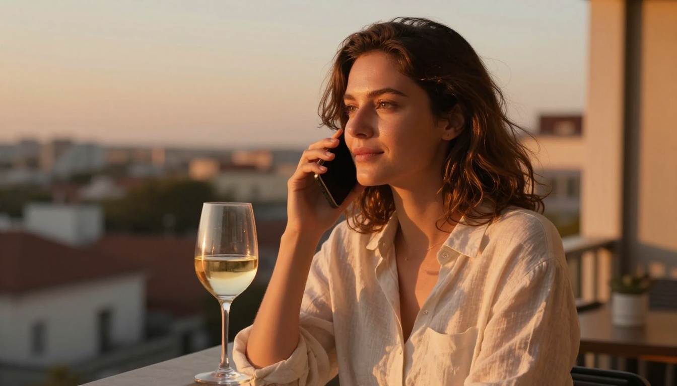 Woman on balcony at golden hour holding phone, content and reflective