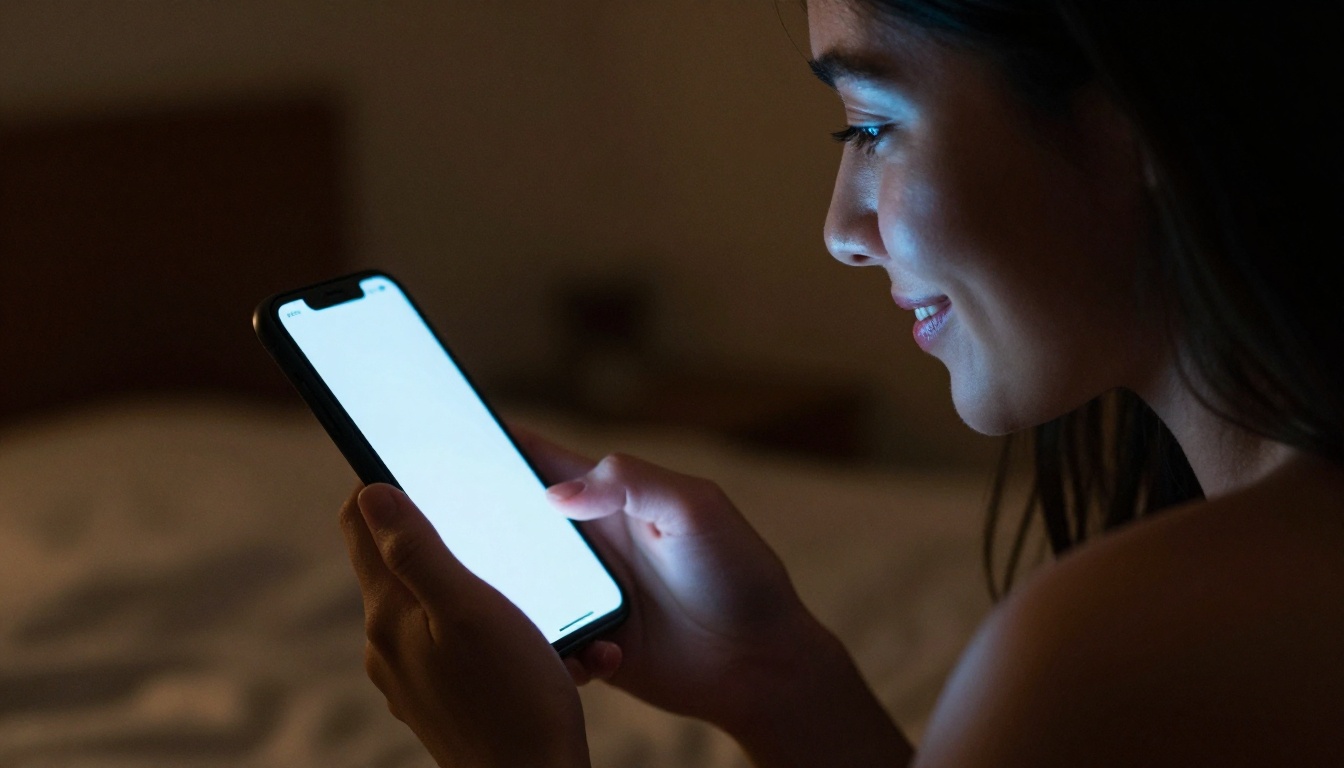 Woman's profile illuminated by smartphone screen in dim intimate room