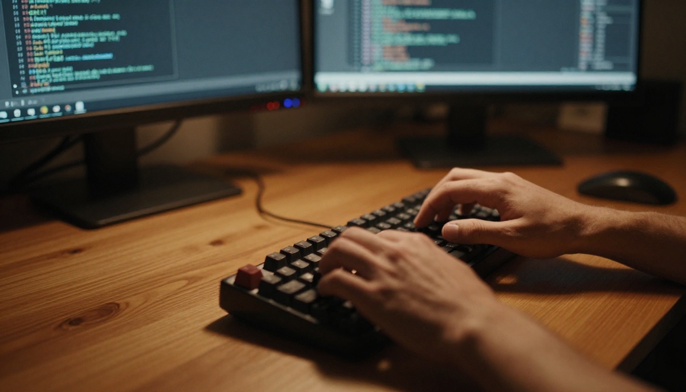 Hands at a mechanical keyboard, warm amber lamp glow, dramatic shadows on the keys, shallow focus