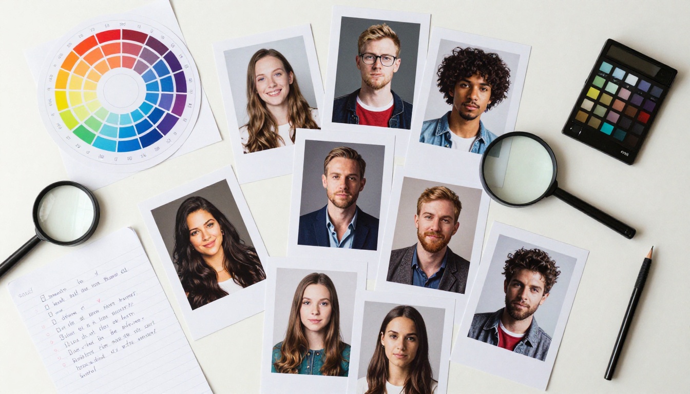Overhead flat-lay of printed AI portraits, color charts, magnifying loupe, and handwritten notes on a white table