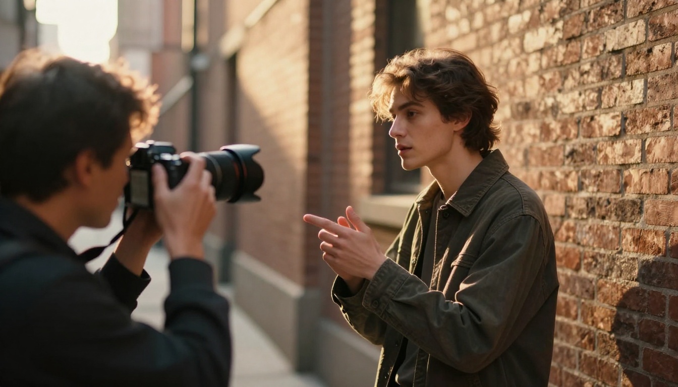 A fashion photographer directing a model outdoors in a brick alleyway, golden afternoon light, genuine creative moment