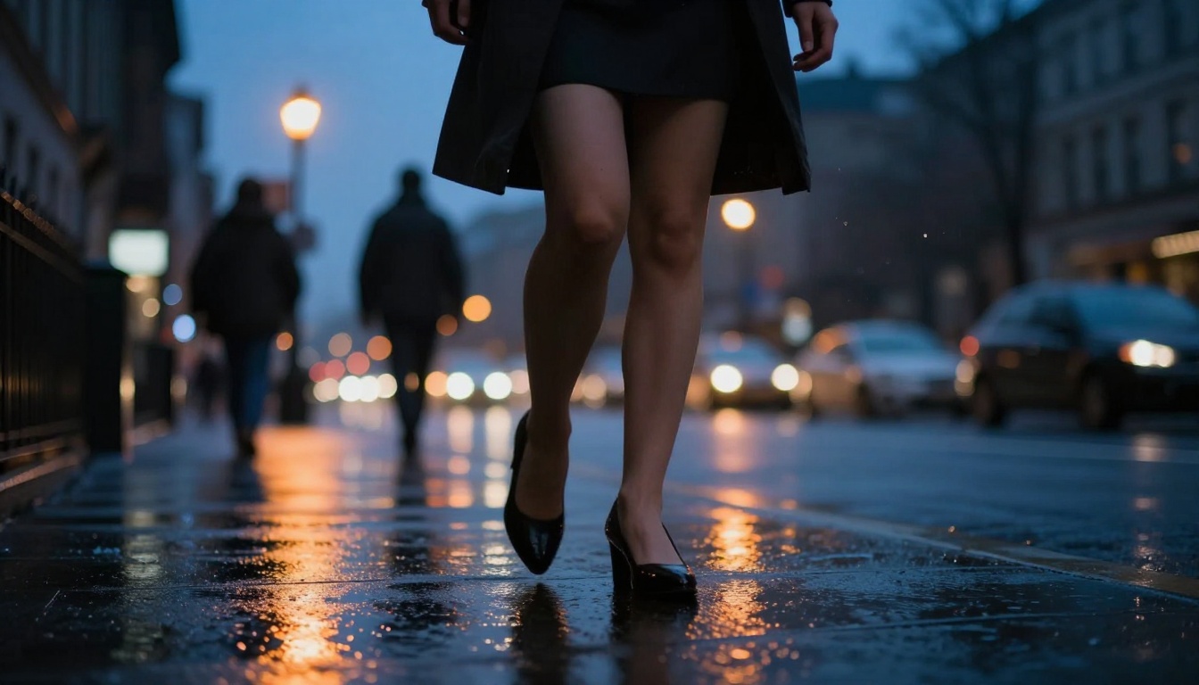 Low angle ground-level view of a woman walking on rain-wet city sidewalk at dusk, warm street reflections