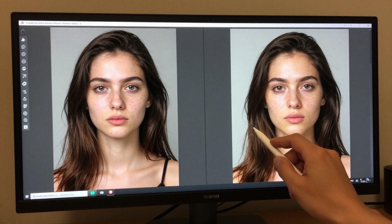 A side-by-side monitor comparison showing flat AI result vs rich photorealistic result, designer hand pointing with stylus