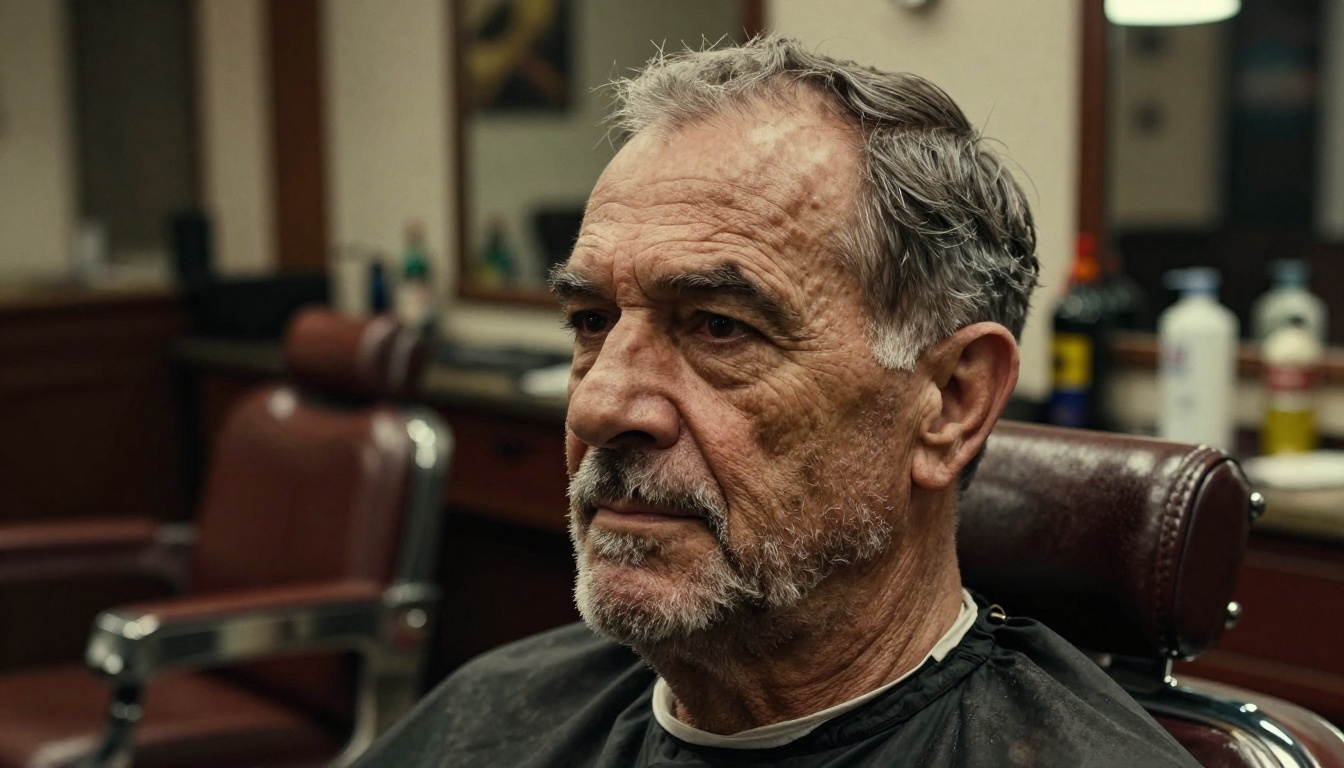 A man with deeply detailed weathered skin texture in a warm-lit vintage barbershop, tungsten lighting, 100mm macro lens
