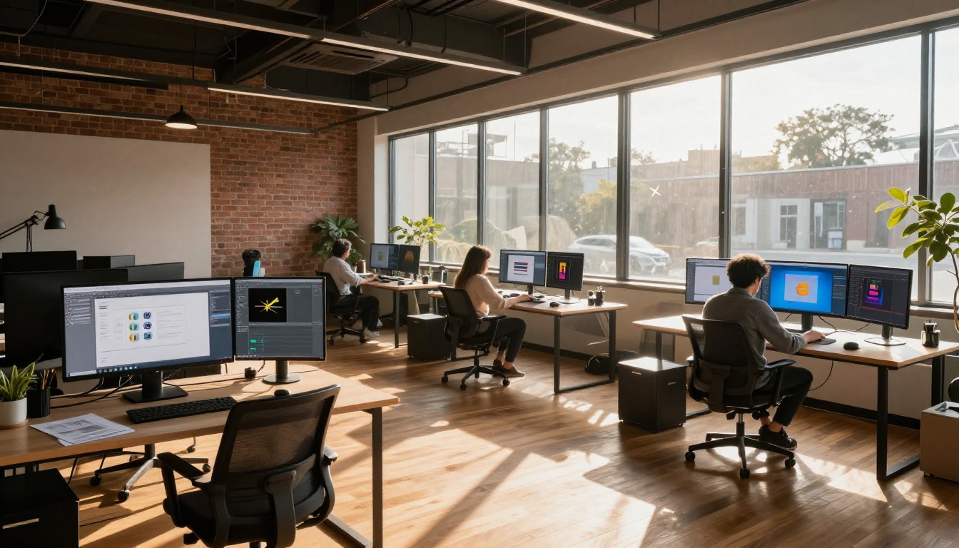 Wide view of a modern creative studio with large windows, warm slanted afternoon light, multiple workstations with monitors