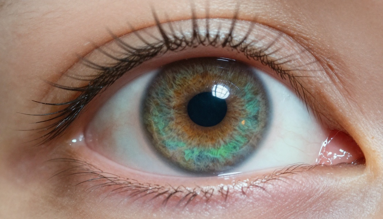 Extreme macro close-up of a human eye, amber and green iris detail, individual eyelashes, soft-box lighting from the right