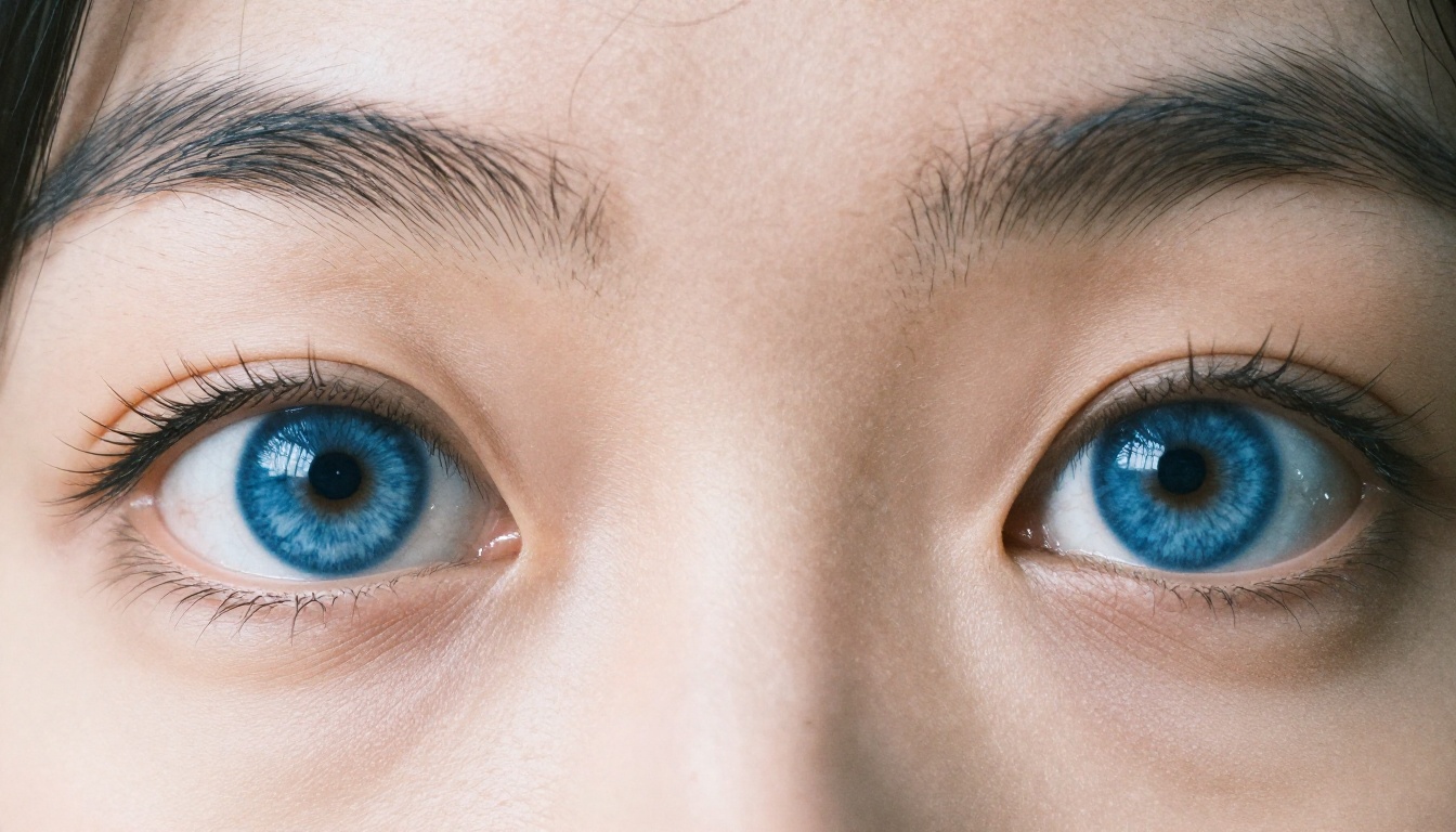 Macro close-up of blue eyes with intricate iris texture looking directly at camera, morning light, 100mm lens