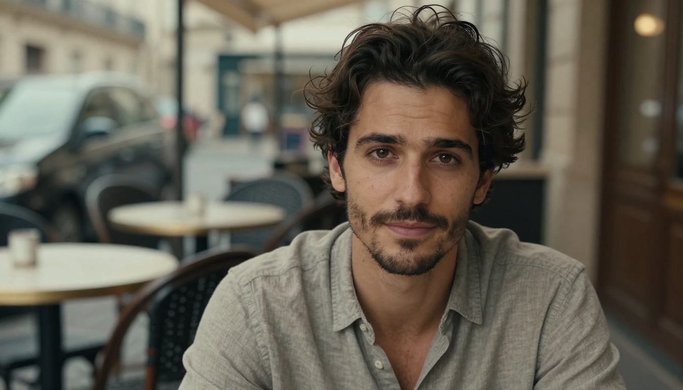 Man sitting at Parisian cafe terrace making calm, confident direct eye contact with the camera