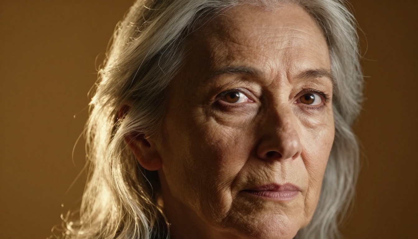 Dramatic portrait of a silver-haired older woman with intense dark eyes and Rembrandt side lighting