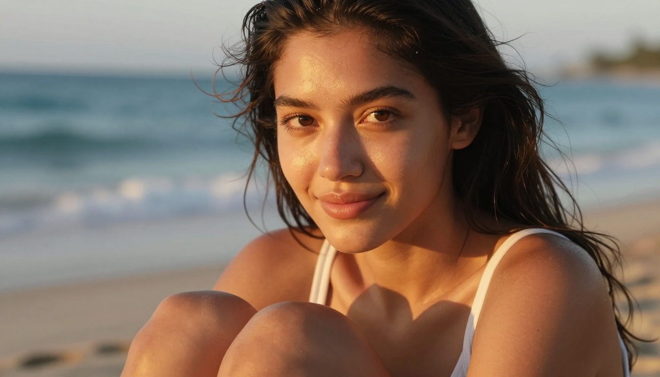 Woman on a tropical beach in white swimsuit, direct eye contact at golden hour, 85mm lens bokeh