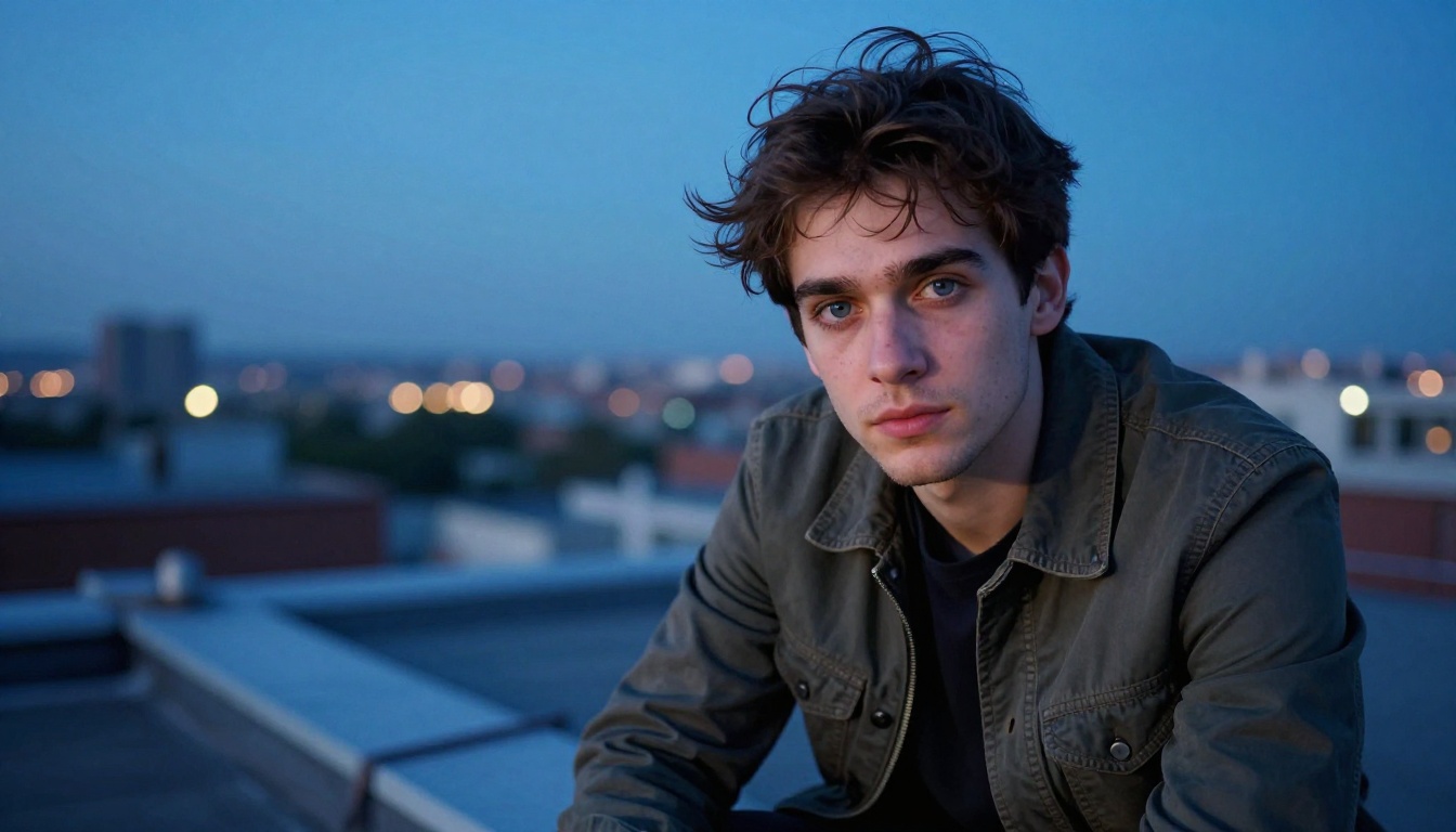 Man on city rooftop at dusk making direct eye contact from a low angle perspective, city glow behind him
