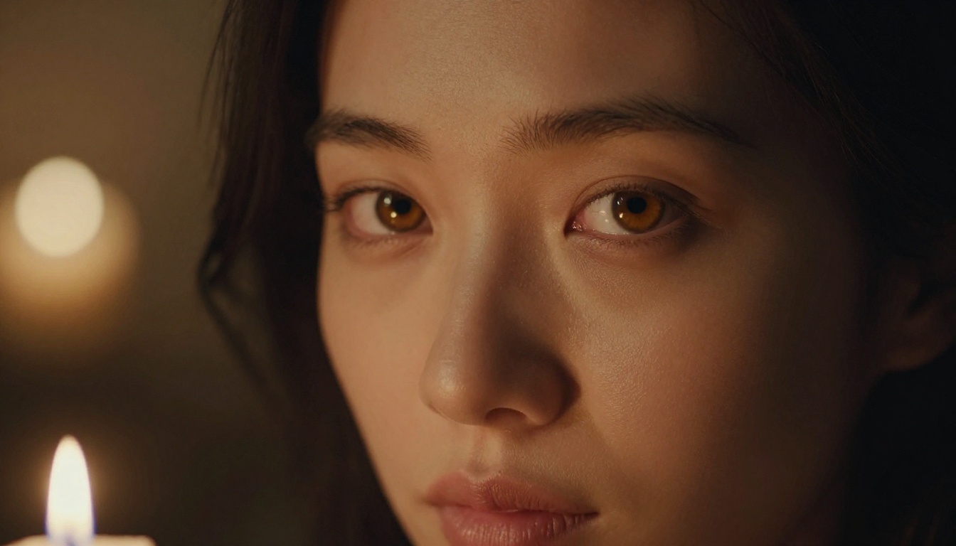 Woman with warm amber eyes in candlelight making tender, direct eye contact, low-key lighting