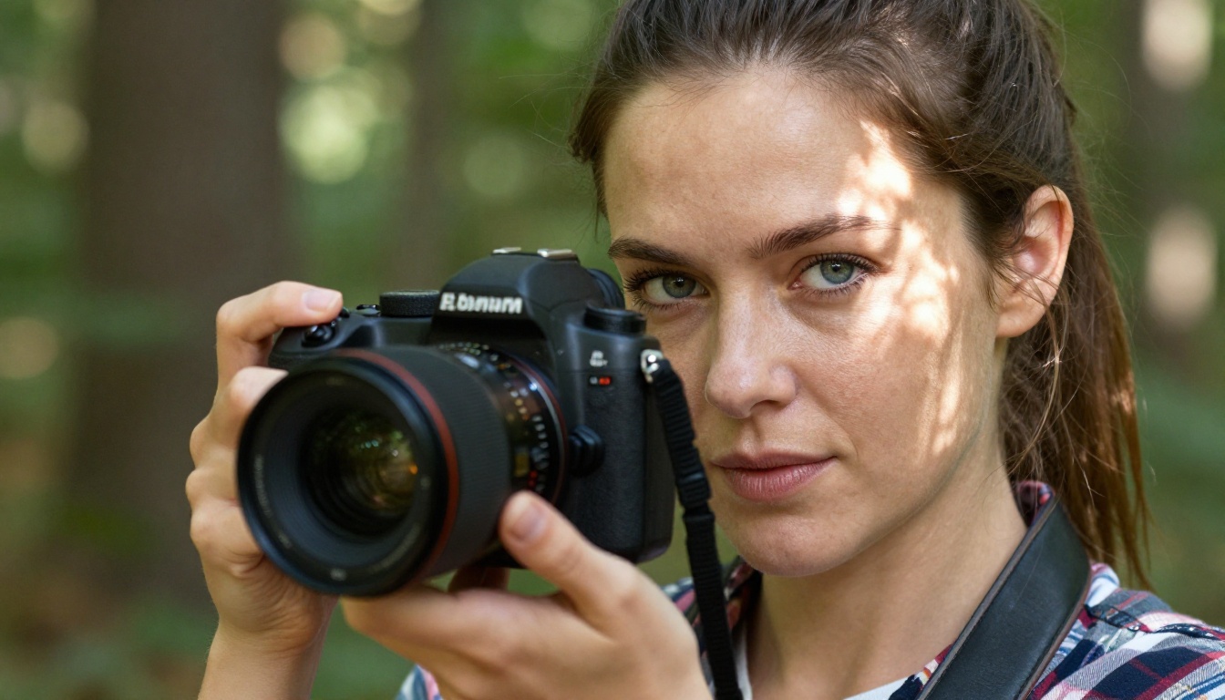 Female photographer in dappled forest light, lowering camera to make direct eye contact with viewer