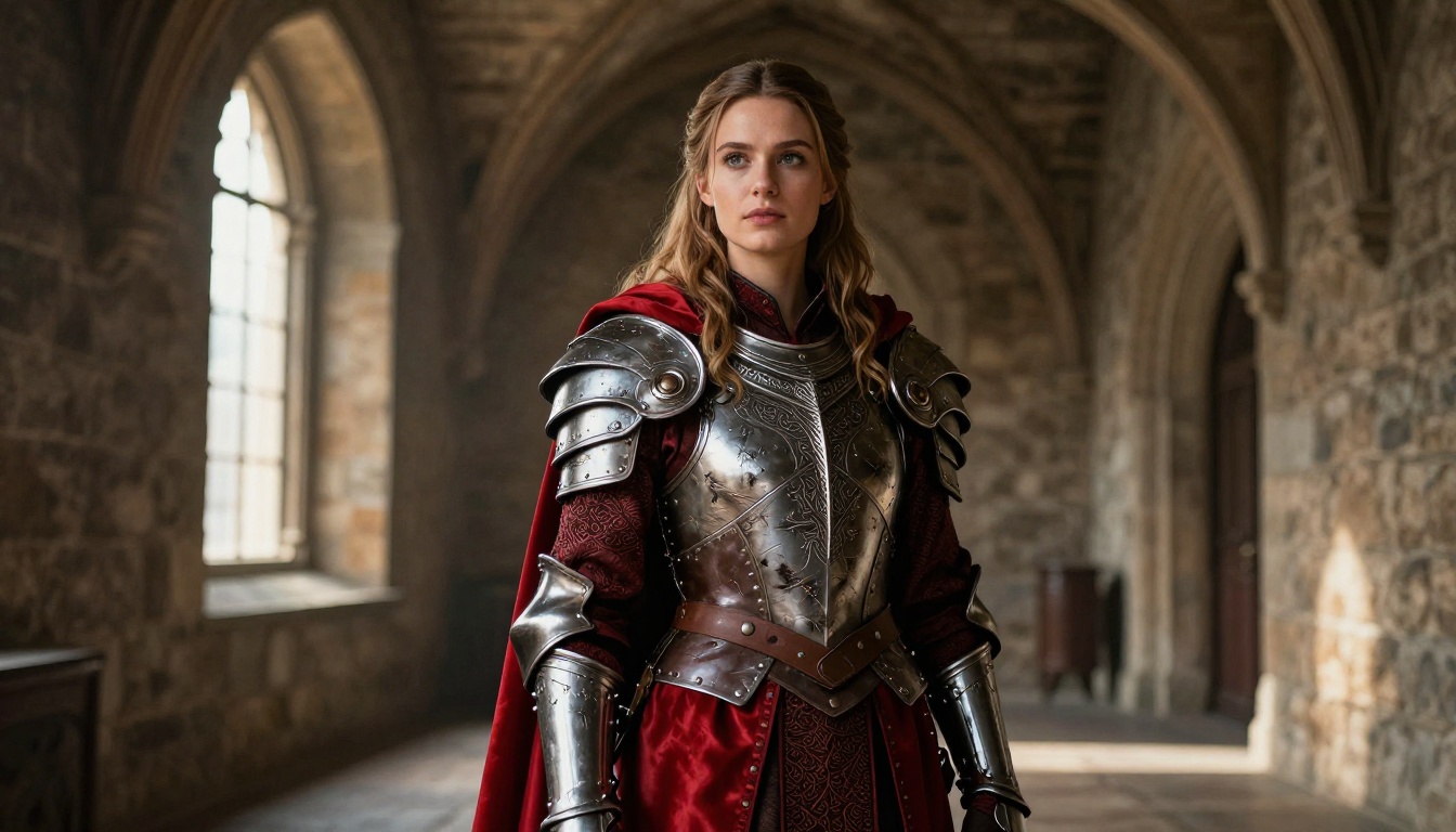 Fantasy warrior costume with intricate silver pauldrons in a stone castle corridor
