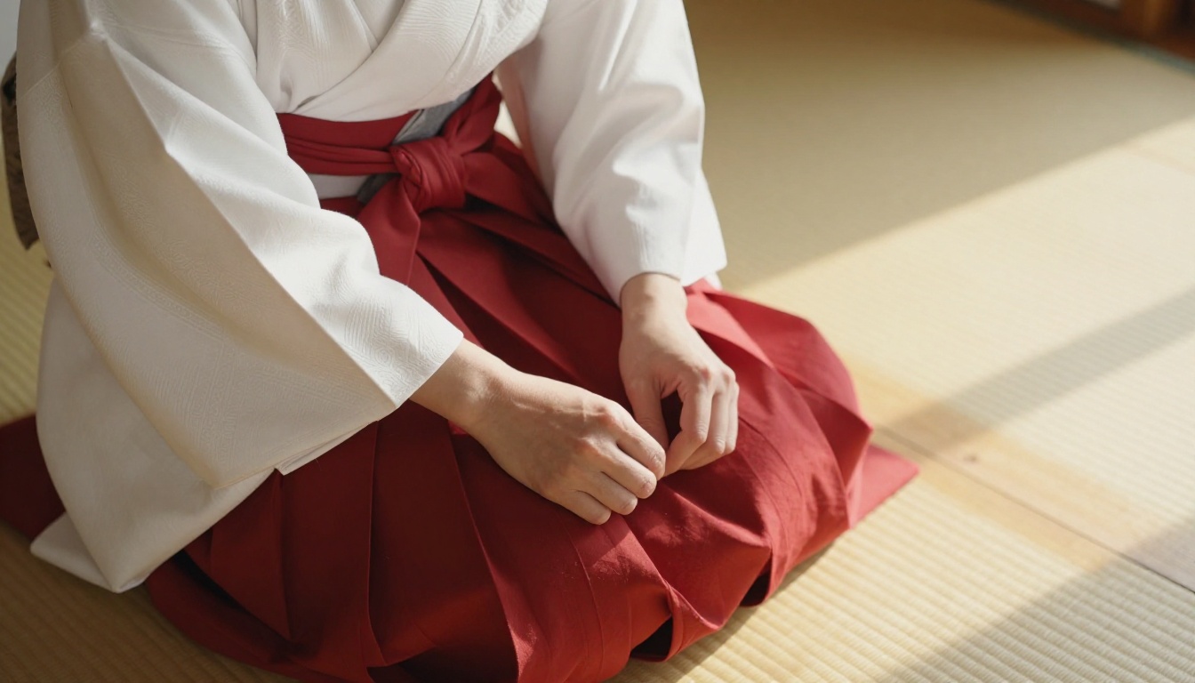 Miko shrine maiden outfit with crimson hakama spread on polished wooden floor