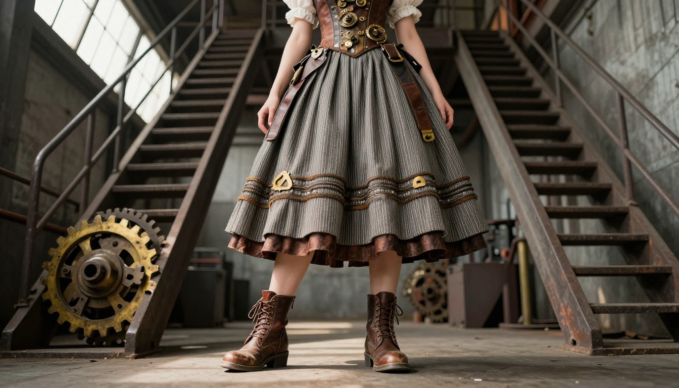 Steampunk outfit with brass gear details and Victorian skirt in industrial warehouse