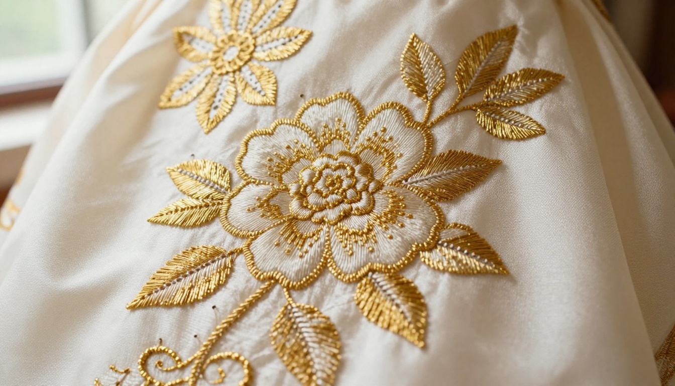 Intricate gold thread embroidery on ivory silk fabric in macro detail
