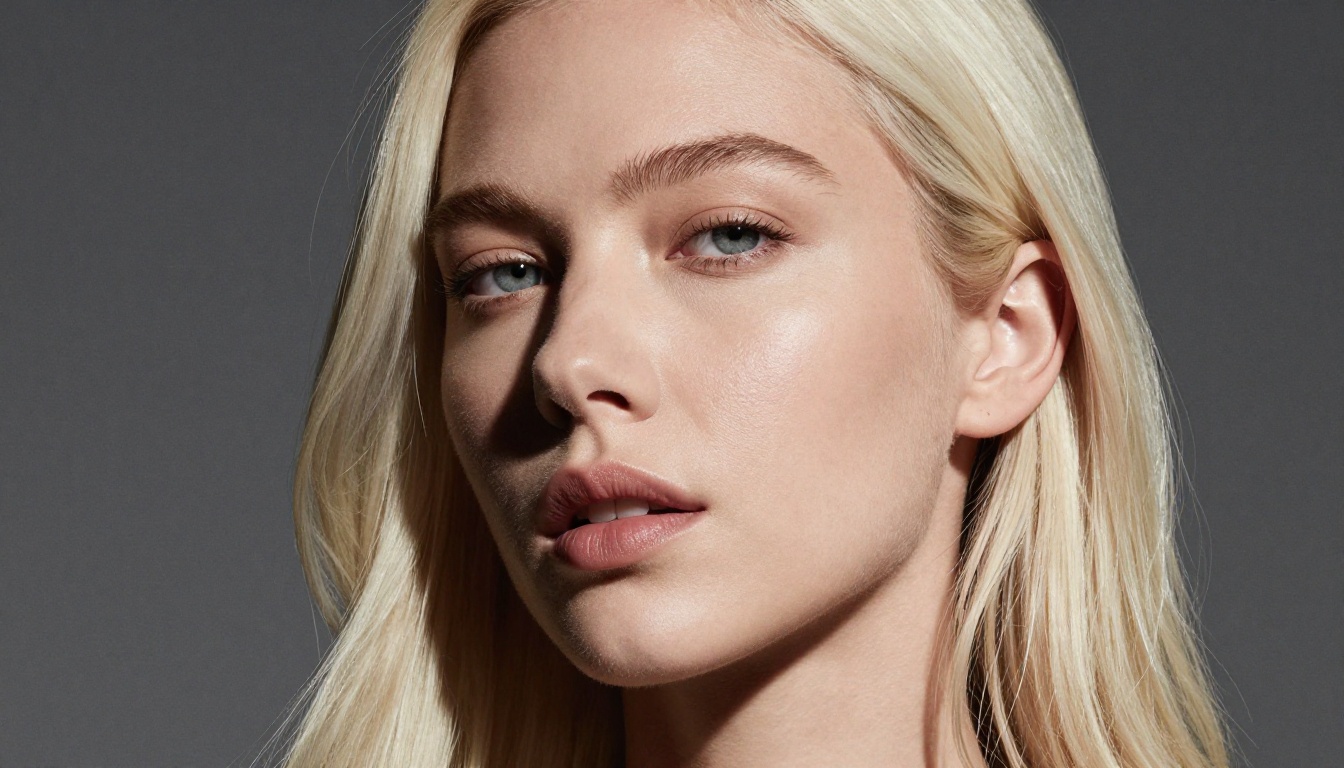 Dramatic studio portrait of a woman with platinum blonde hair, editorial fashion photography with directional lighting Dramatic studio portrait of a woman with platinum blonde hair, editorial fashion photography with directional lighting