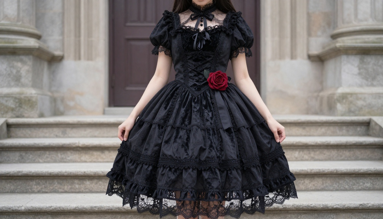 Gothic lolita dress with black velvet bodice and authentic lace trim on stone church steps