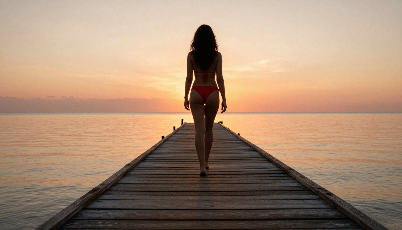 Woman in red bikini walking along a wooden pier at sunset, low angle, warm amber backlight photography Woman in red bikini walking along a wooden pier at sunset, low angle, warm amber backlight photography