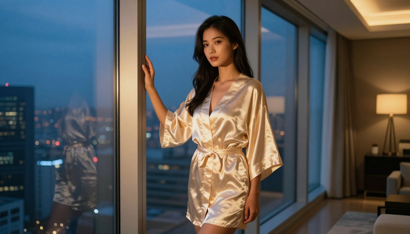 Beautiful woman in silk kimono at apartment windows, warm interior light contrasting with nighttime city skyline Beautiful woman in silk kimono at apartment windows, warm interior light contrasting with nighttime city skyline