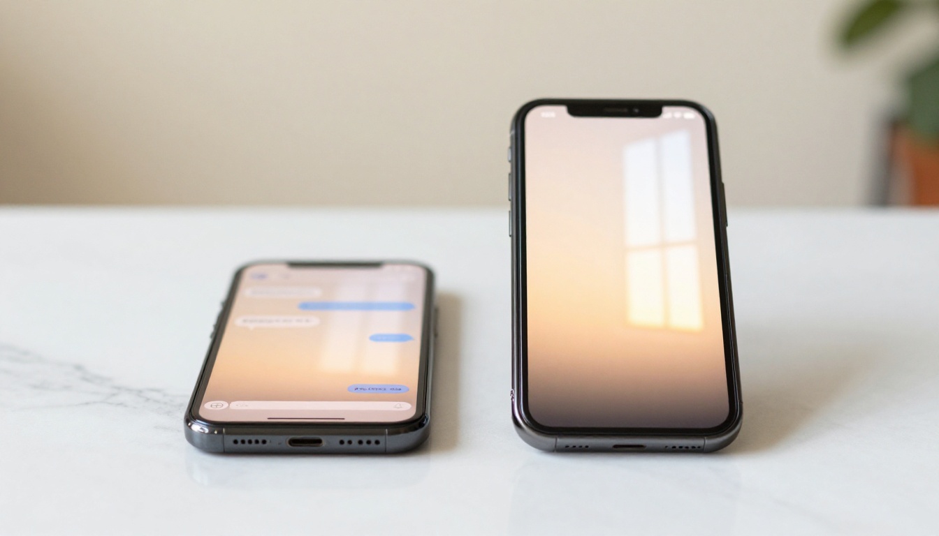 Two smartphones side by side on a white marble surface, both showing chat interfaces