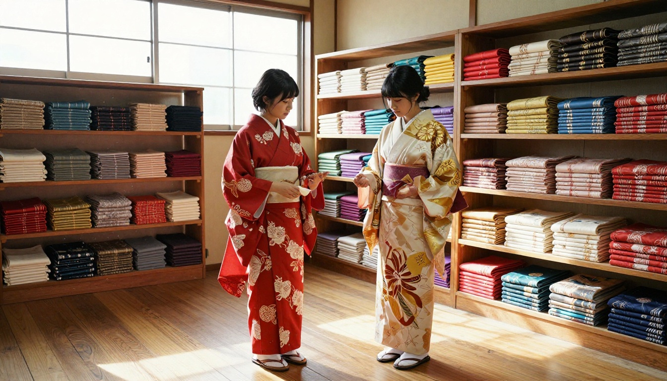 Two women comparing traditional kimono fabric swatches in a sunlit Japanese textile atelier