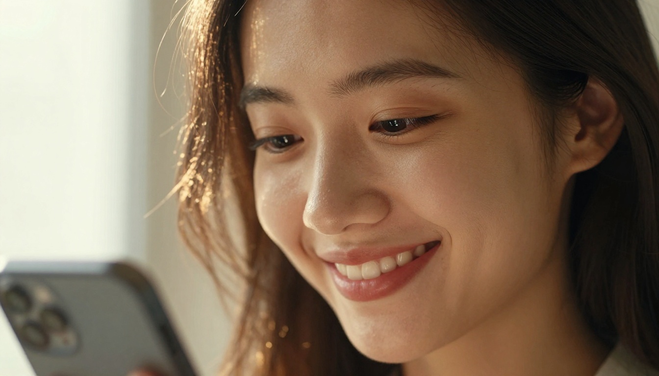 Close-up portrait of a young woman smiling warmly while looking at her phone