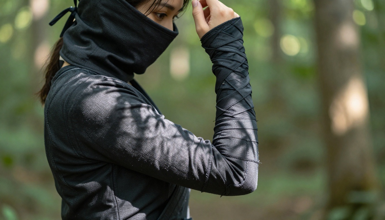 Ninja-inspired outfit with dark charcoal crosshatch fabric in dappled forest light