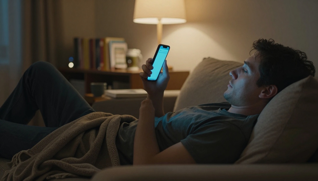 A man on a couch at dusk, holding his phone with soft screen light on his face