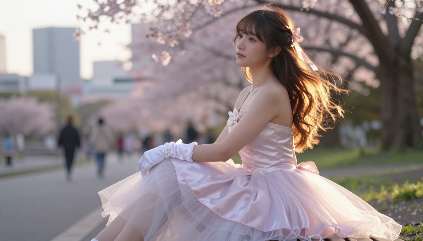 Pastel magical girl outfit with satin skirt and silk ribbon in Tokyo cherry blossom park