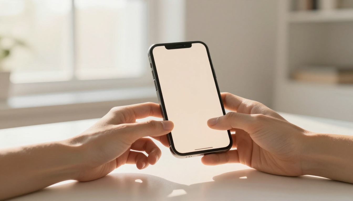Two hands reaching toward each other across a table, one holding a glowing phone