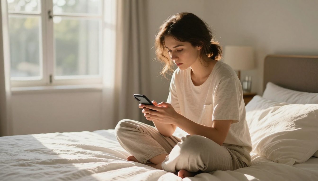 A woman sitting cross-legged on white linen sheets, focused on typing on her phone