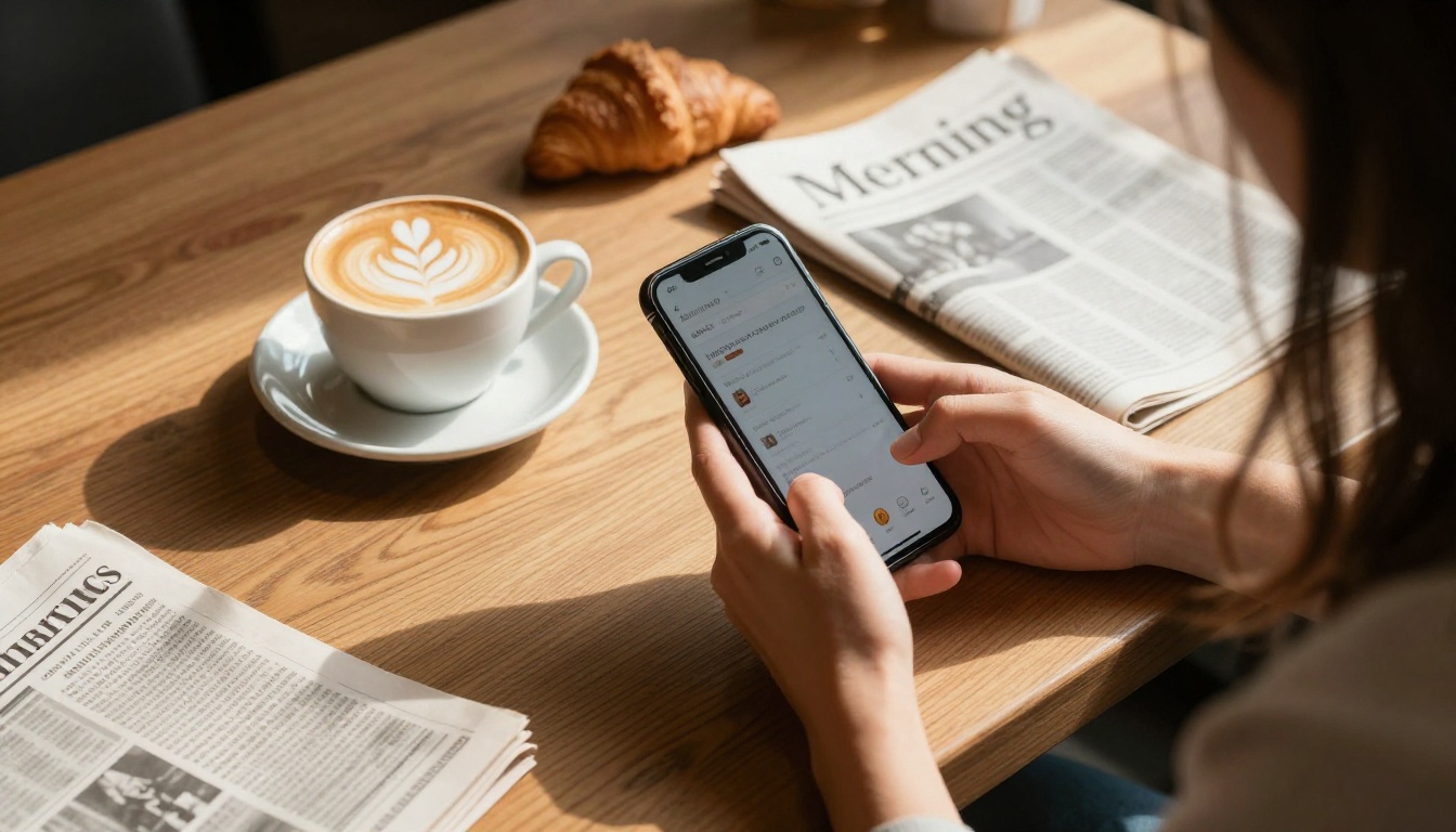 Overhead view of a cafe table with hands holding a phone, a cappuccino and croissant nearby