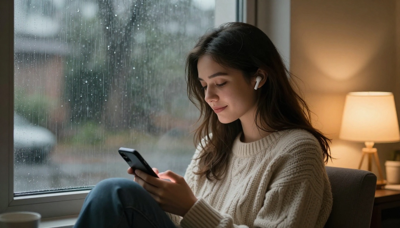 A woman in a cozy window seat with earbuds, eyes closed, a content expression on her face