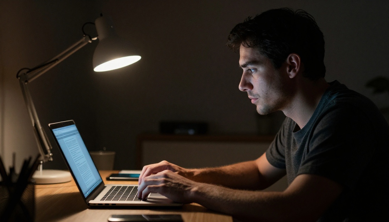 A man at his desk late at night, soft blue screen light illuminating one side of his face