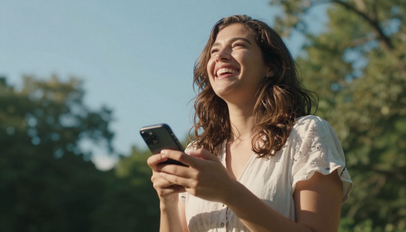 A woman laughing outdoors in a park, phone in hand, warm sunlight creating a natural hair halo